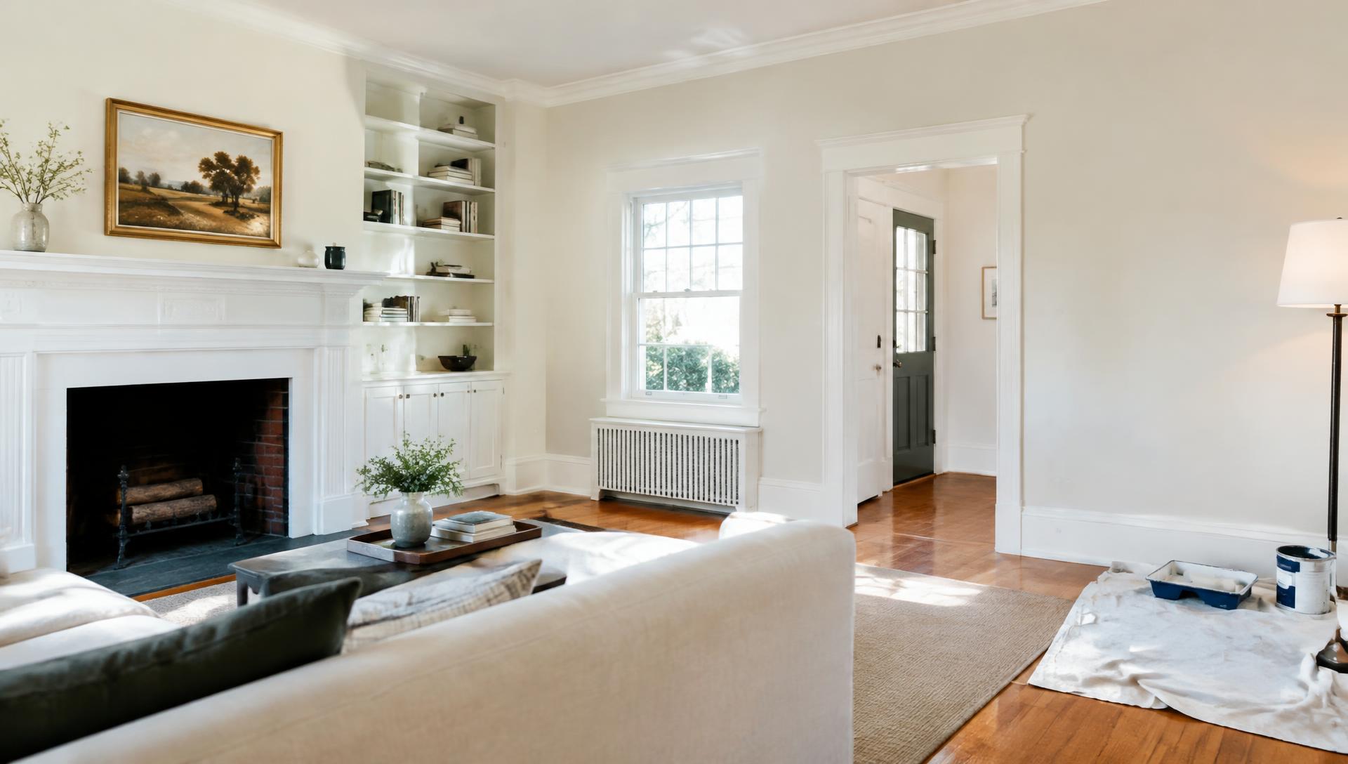 Bright, freshly painted living room with crisp white trim
